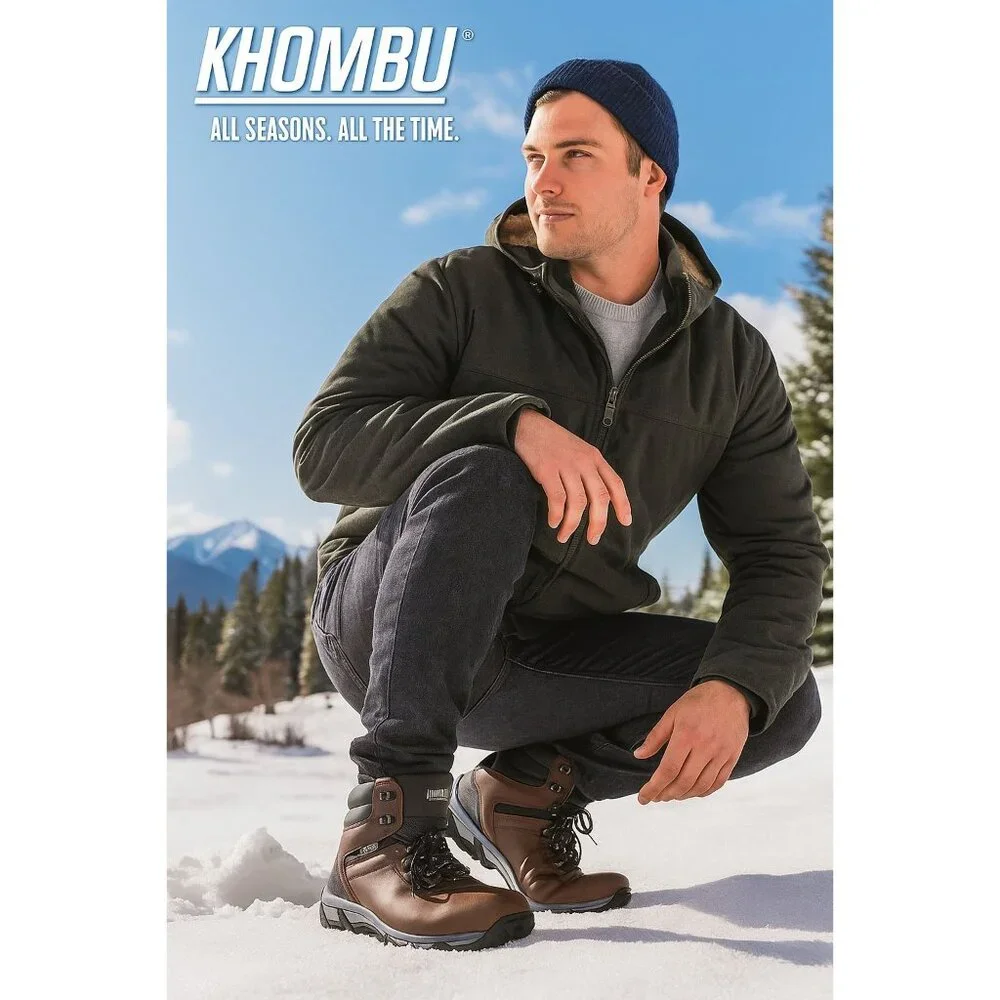 Khombu Boots Men's 8 Leather Outdoor Winter Rugged Lug Weatherproof Snow Shoes